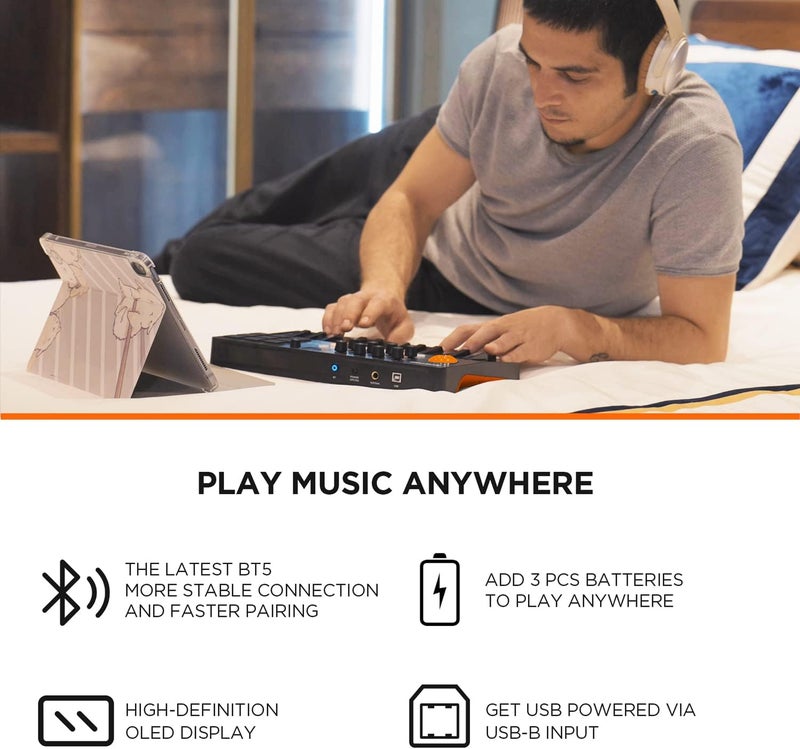 HXW Portable Bluetooth MIDI Keyboard Controller, With 25 Key, 9 Backlit Beat Pads, OLED Display, 8 Knobs, Software Included, USB Powered/Battery Operation - Image 3